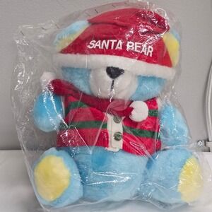 Santa Bear Plush Toy Blue Holiday Teddy Bear 1986 Polyester Fiber